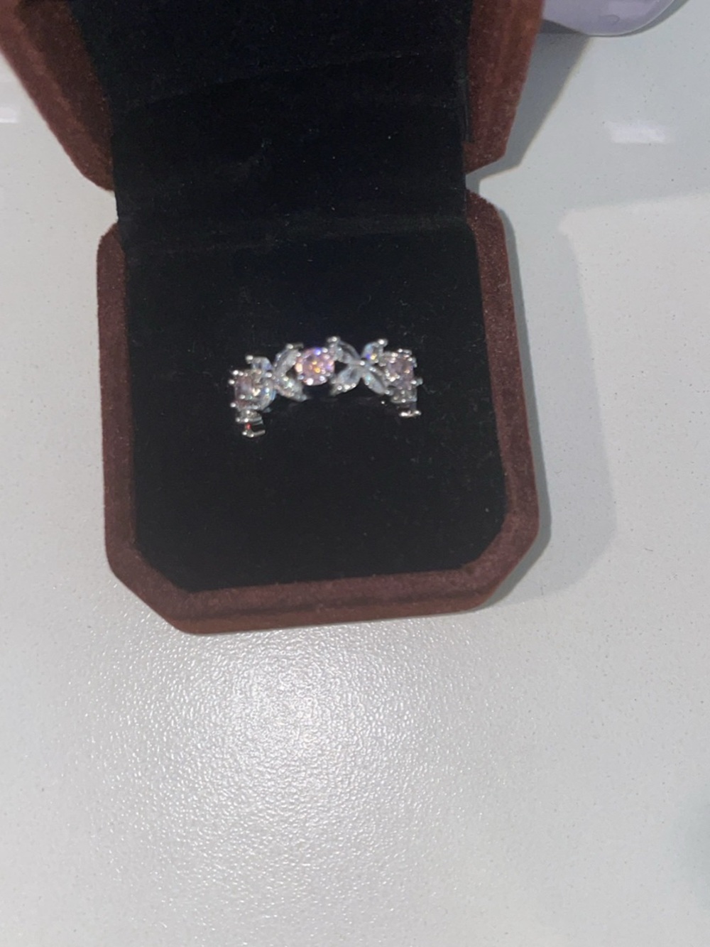 Silver Pink Cubic Zirconia Floral Band Ring